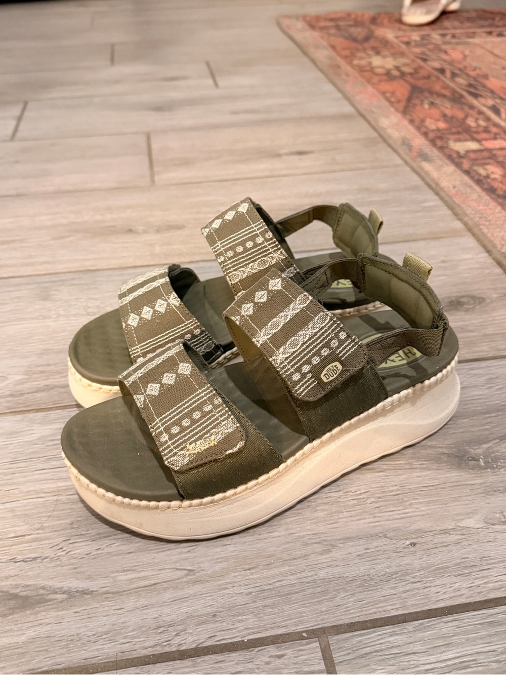Hey Dude Olive Green Patterned Hook-and-Loop Sandals